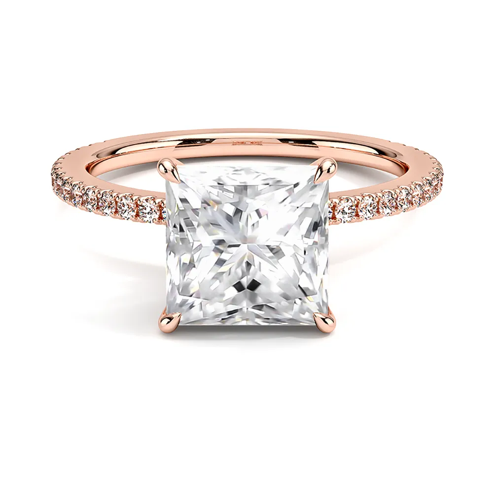 French Pavé Princess Cut Engagement Ring With Hidden Halo