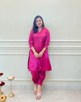 Fuchsia Silk Short Kurta & Fusion Salwar - Set of 2