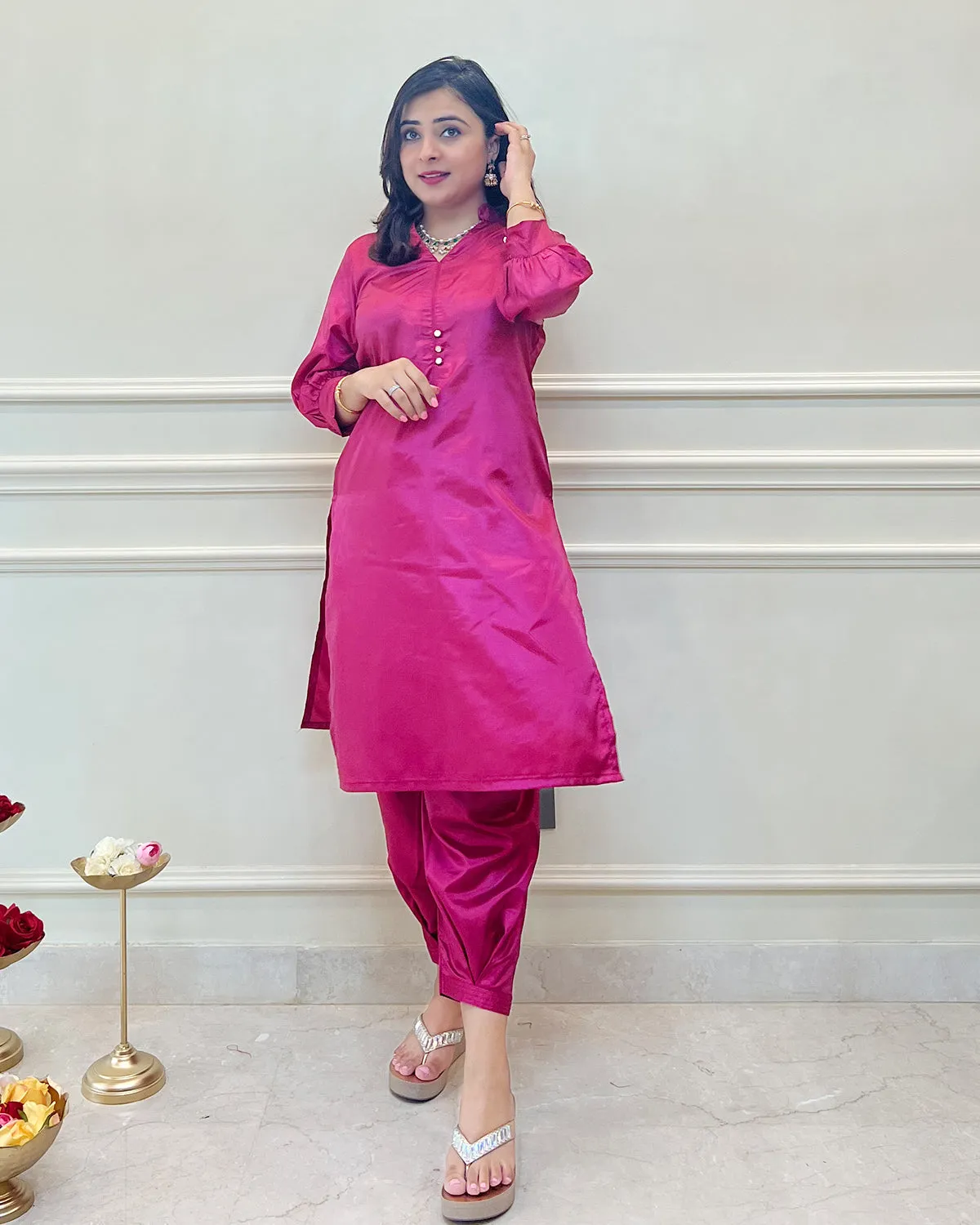 Fuchsia Silk Short Kurta & Fusion Salwar - Set of 2