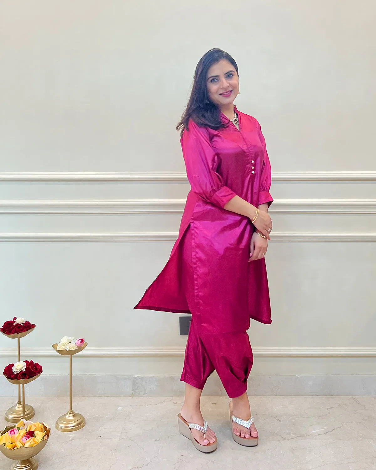 Fuchsia Silk Short Kurta & Fusion Salwar - Set of 2