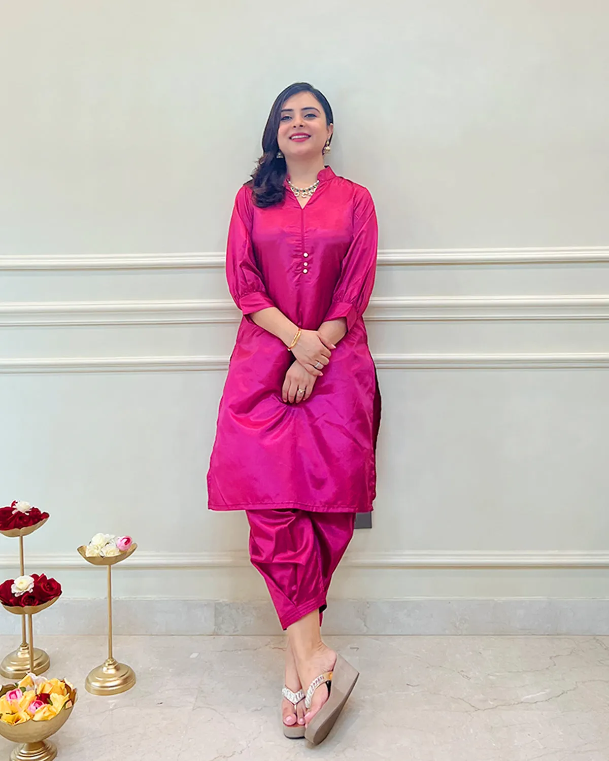 Fuchsia Silk Short Kurta & Fusion Salwar - Set of 2