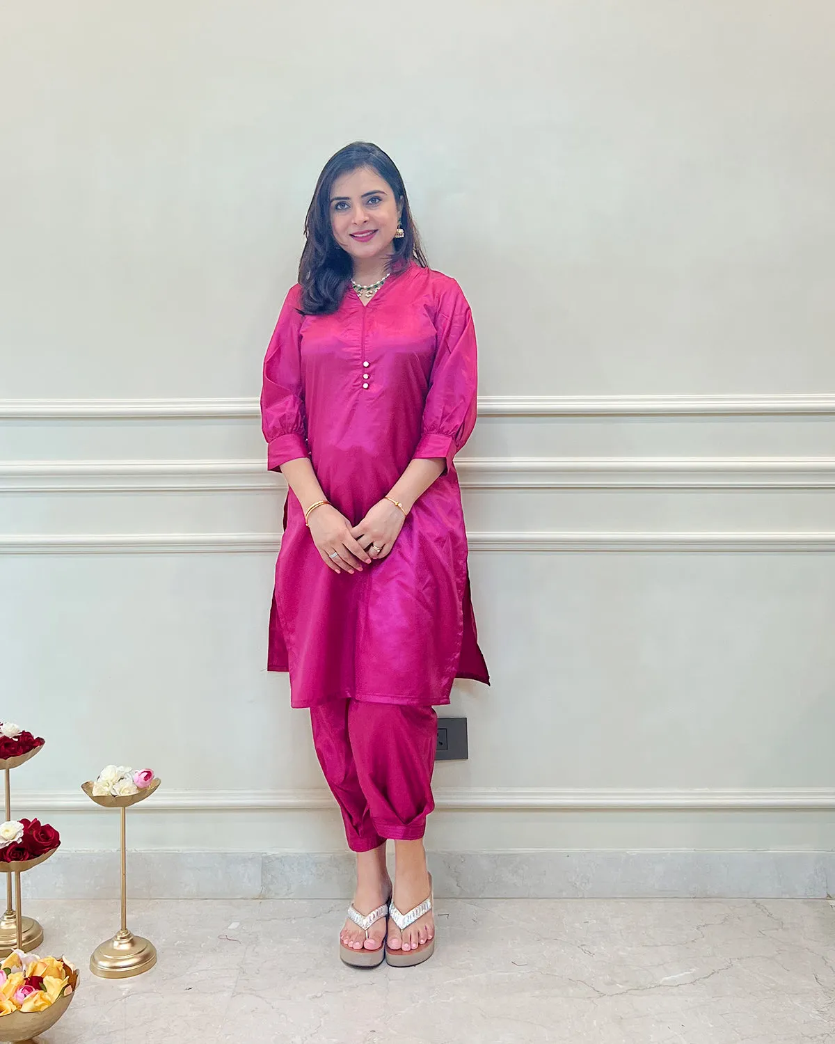 Fuchsia Silk Short Kurta & Fusion Salwar - Set of 2