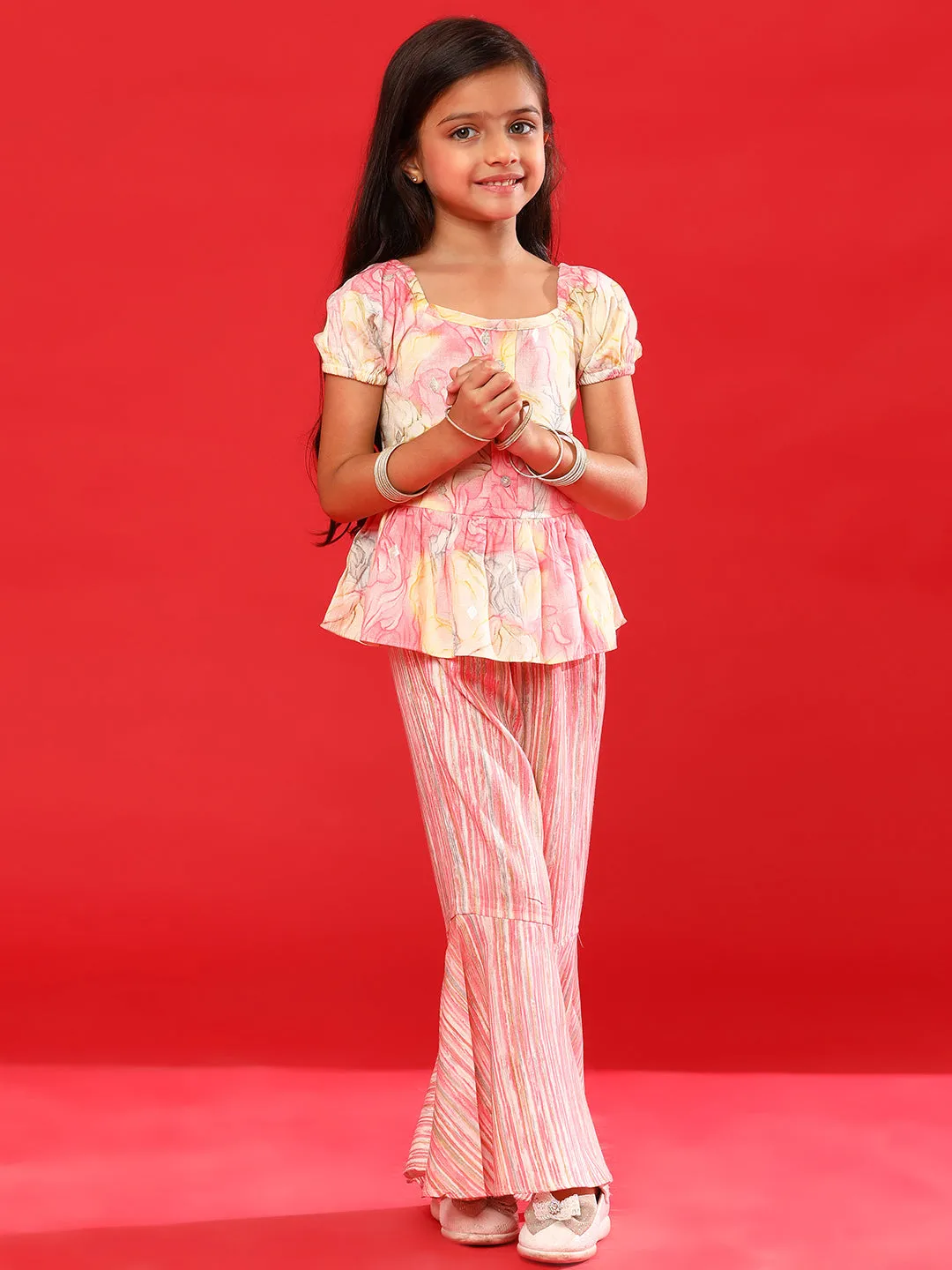 Girls Pink Rayon Printed Set