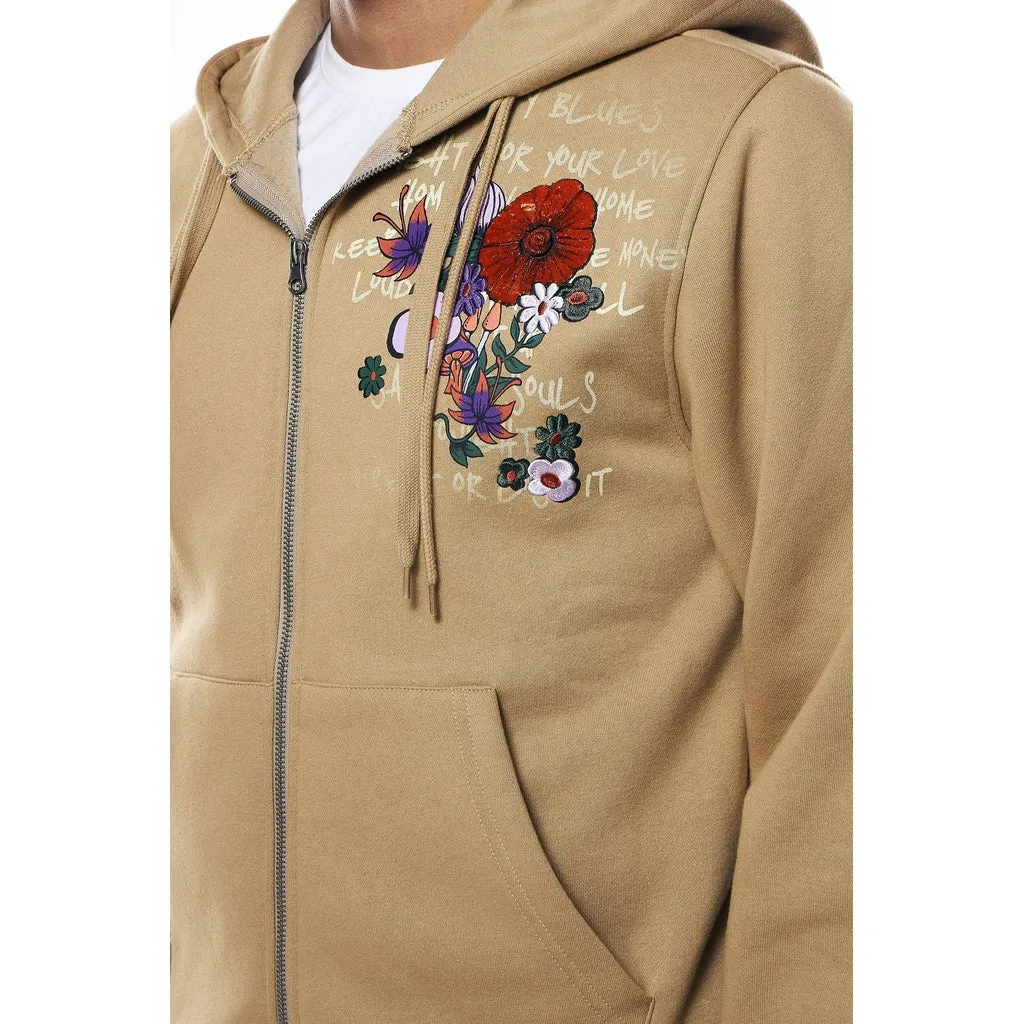 Graphic Zip Up Fleece Hoodie - Dune