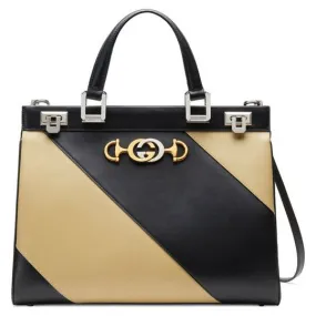 Gucci Medium Zumi Diagonal Stripe Top Handle Black Leather Shoulder Bag