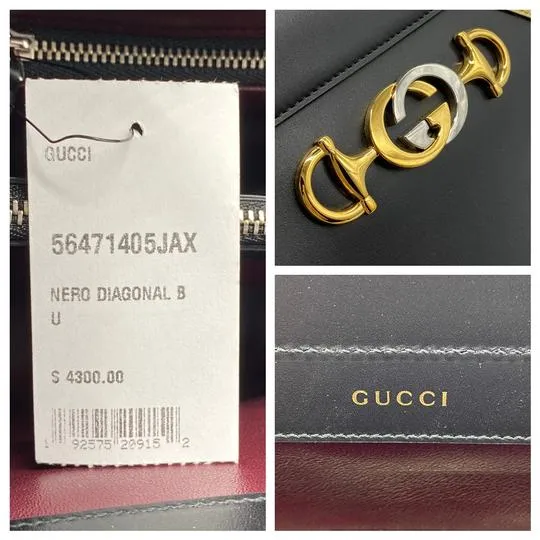 Gucci Medium Zumi Diagonal Stripe Top Handle Black Leather Shoulder Bag