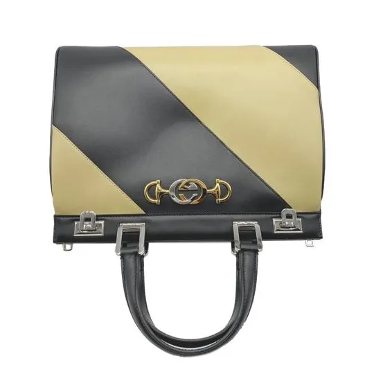 Gucci Medium Zumi Diagonal Stripe Top Handle Black Leather Shoulder Bag