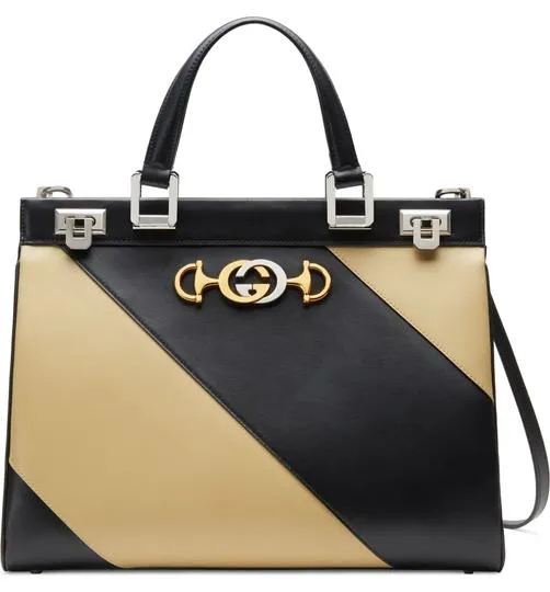 Gucci Medium Zumi Diagonal Stripe Top Handle Black Leather Shoulder Bag