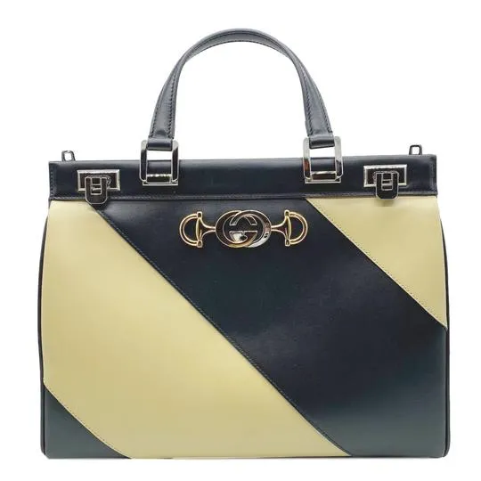 Gucci Medium Zumi Diagonal Stripe Top Handle Black Leather Shoulder Bag