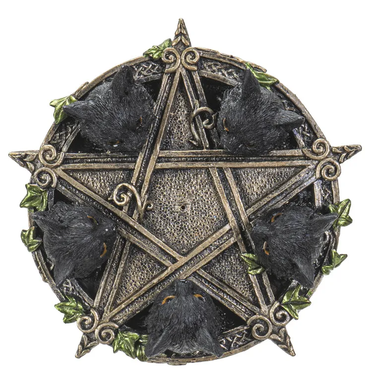 Incense Burner - Celtic Wiccan Pentagram Ivy Black Cats Witching Hour