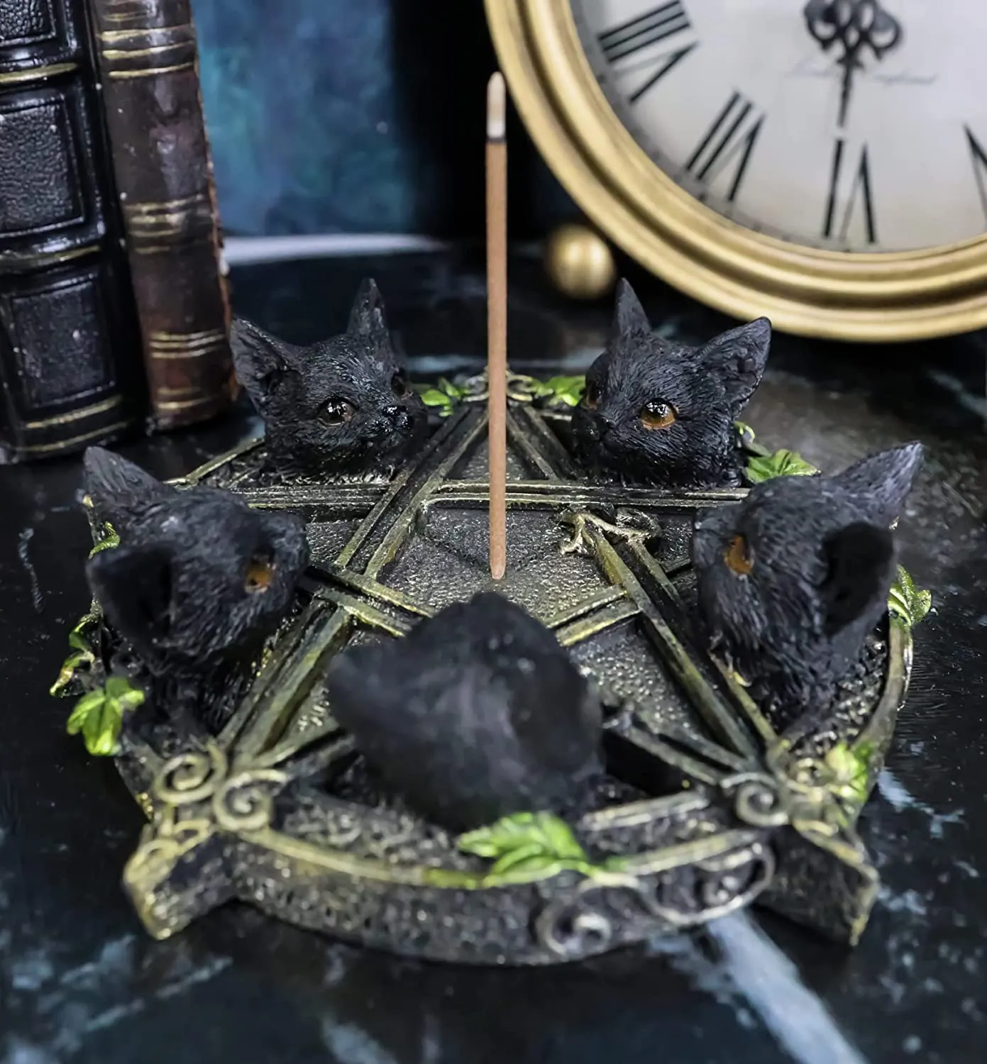 Incense Burner - Celtic Wiccan Pentagram Ivy Black Cats Witching Hour