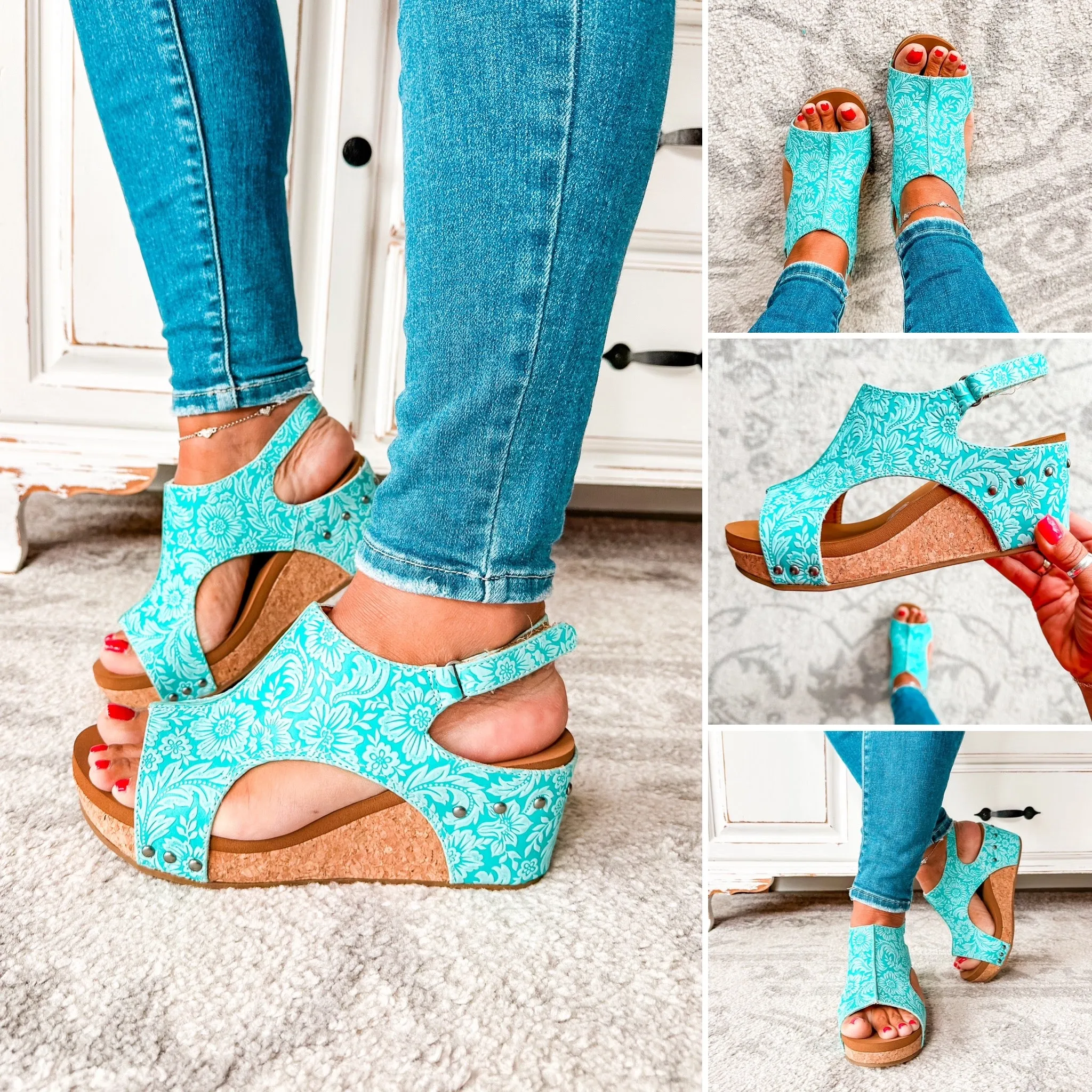 Isabella Tooled Wedge Sandal - Turquoise