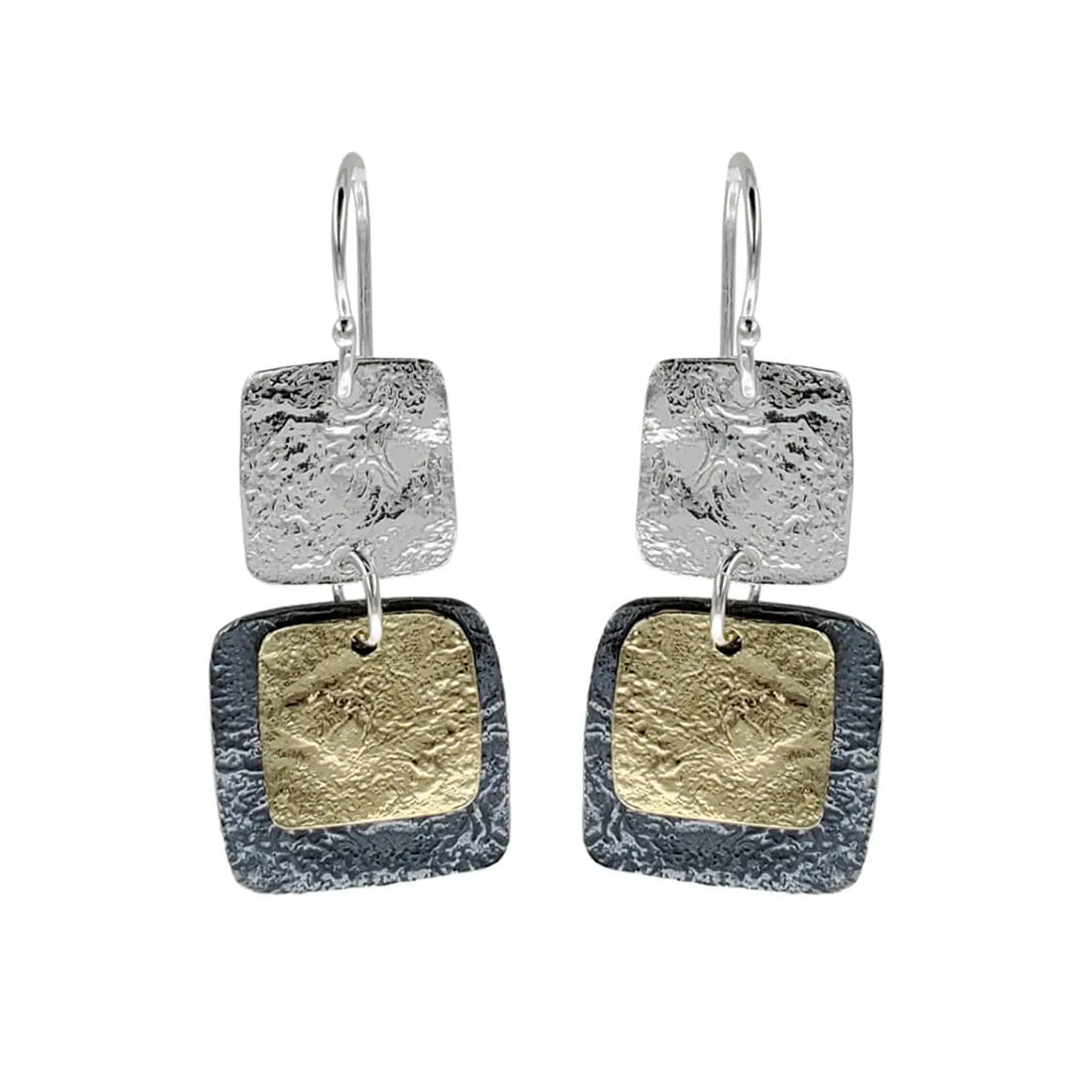 Israeli Textured Squares Mixed Metal Earrings