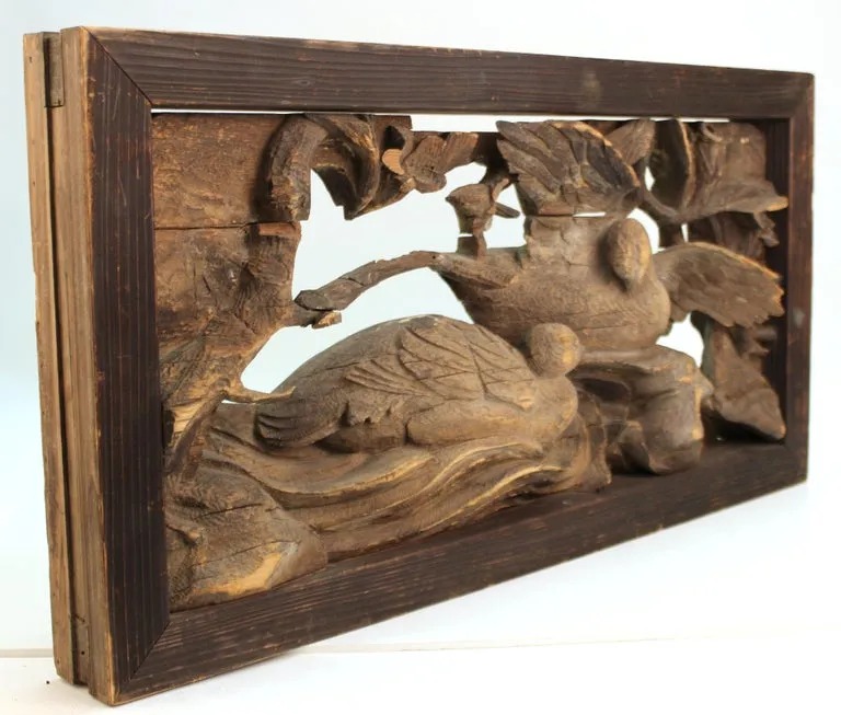 Japanese Edo Period Wood Temple Carving with Doves