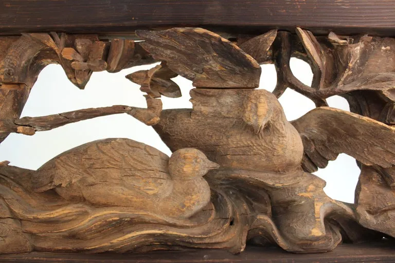 Japanese Edo Period Wood Temple Carving with Doves