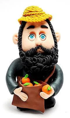 Jewish Figure doll Israeli guy picking oranges made of Clay Hand Made Art Designed