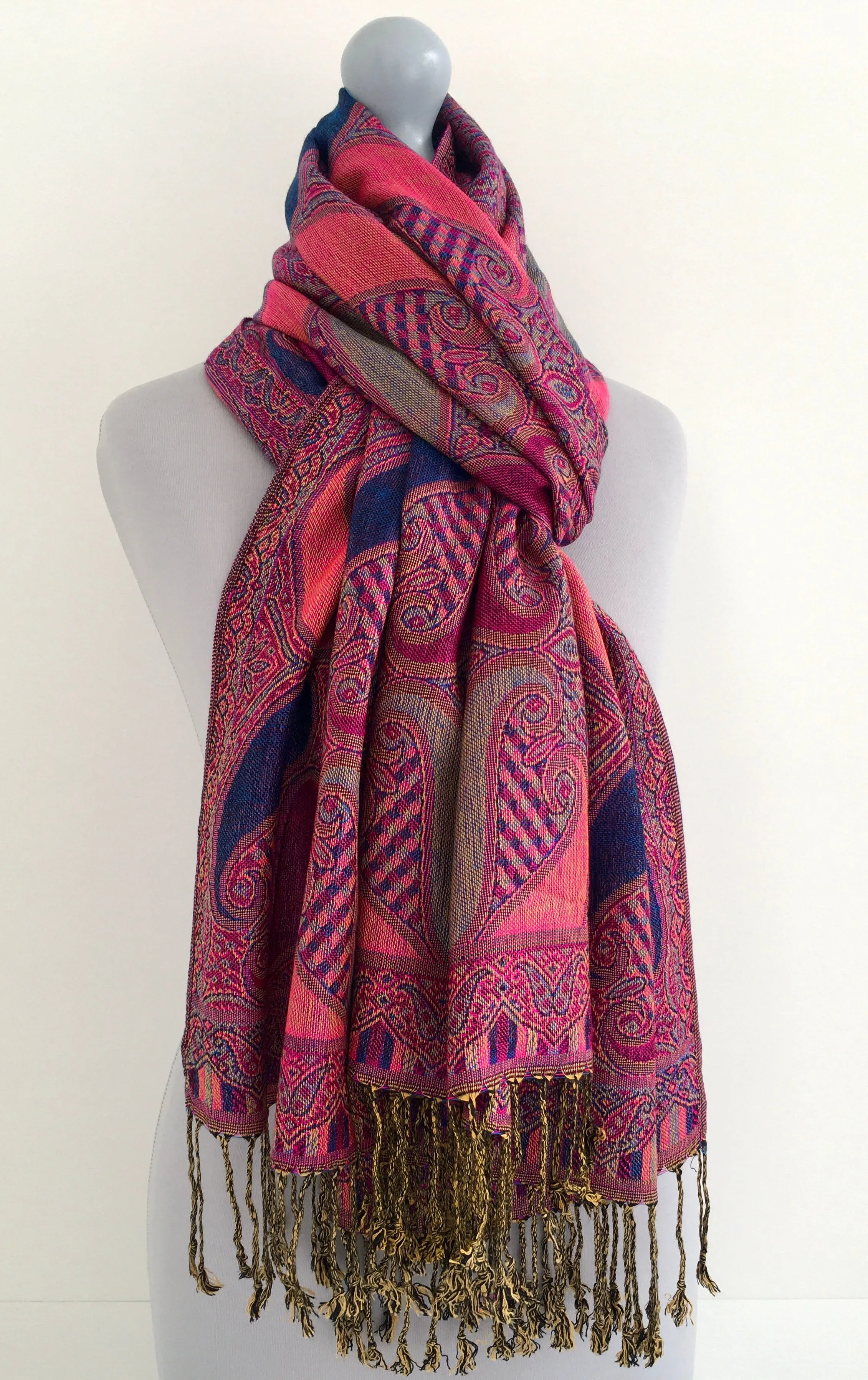 LARGE FUCHSIA PINK GINGHAM PAISLEY PRINT REVERSIBLE PASHMINA SHAWL SCARF