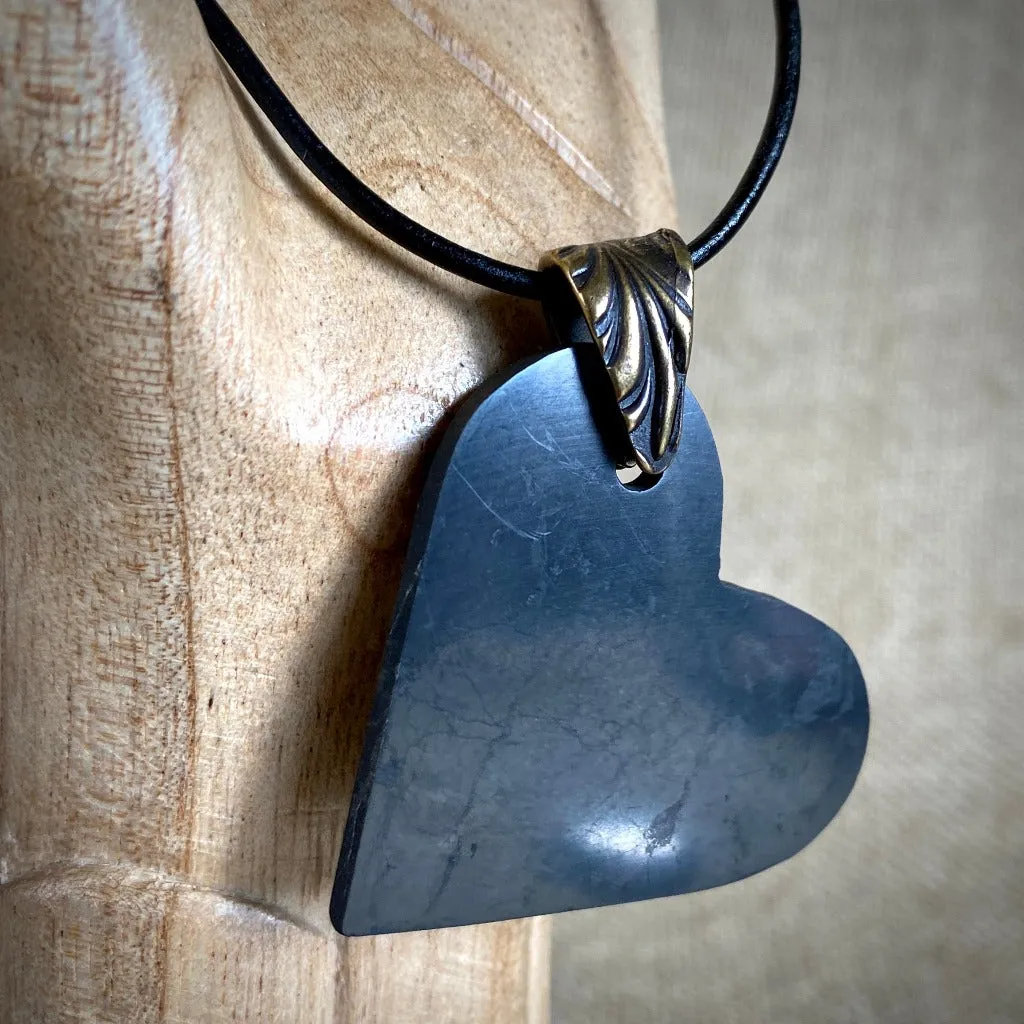 Large Shungite Heart Pendant Necklace, Angle Dangle, Brass Bail