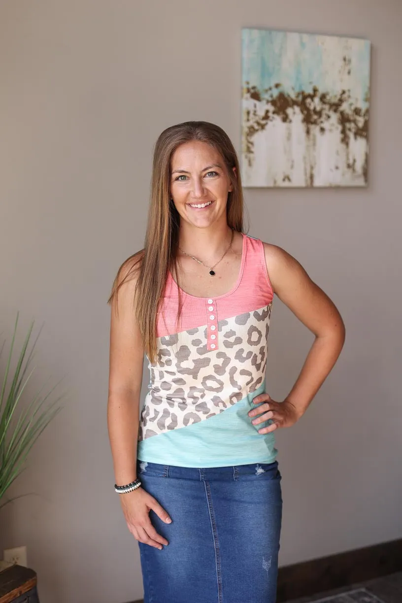 Leopard Colorblock Button Tank Top • M