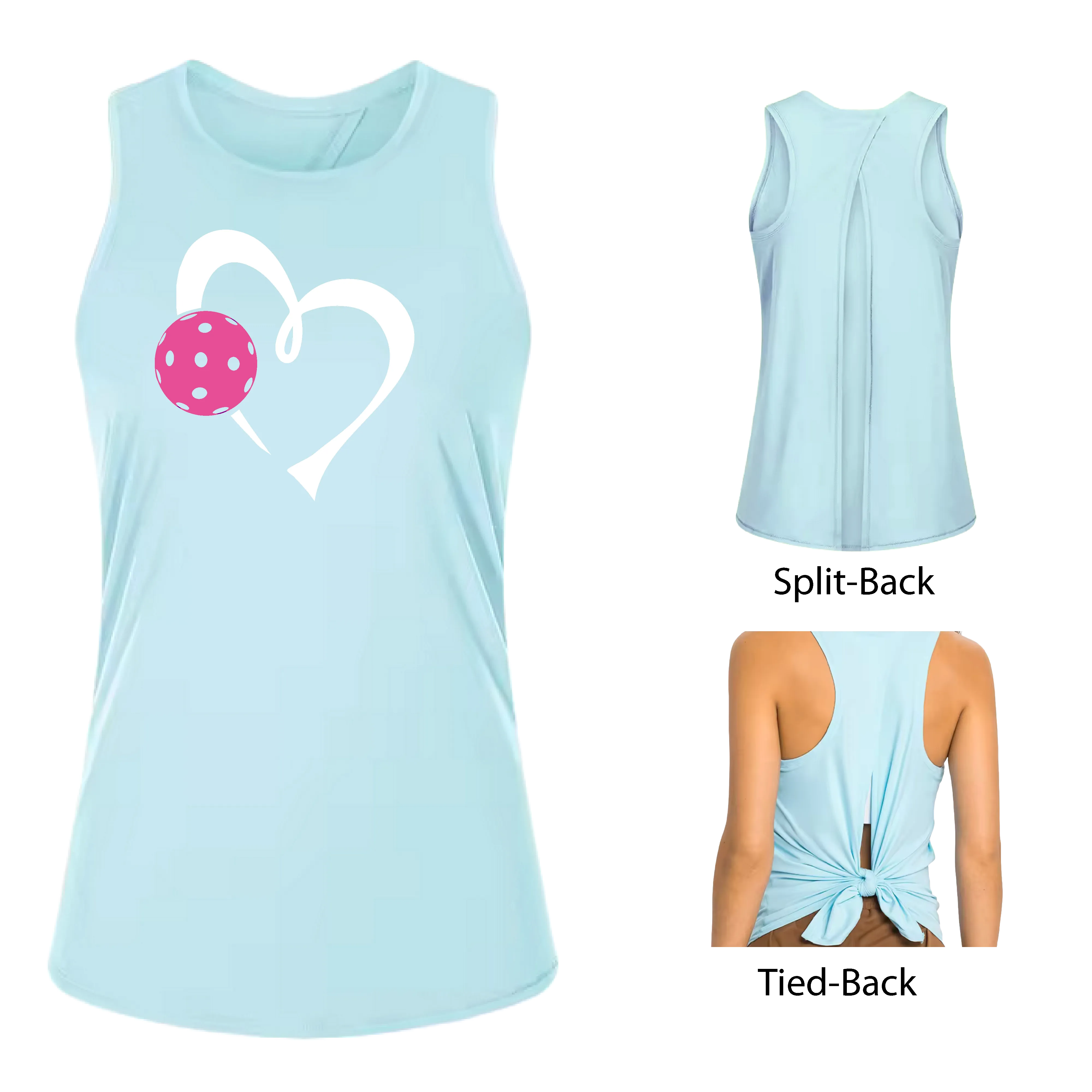 Love Pickleball Heart (Pink)| Women's Split Back or Tied Back Pickleball Tank | 80/20 Nylon Spandex Mix