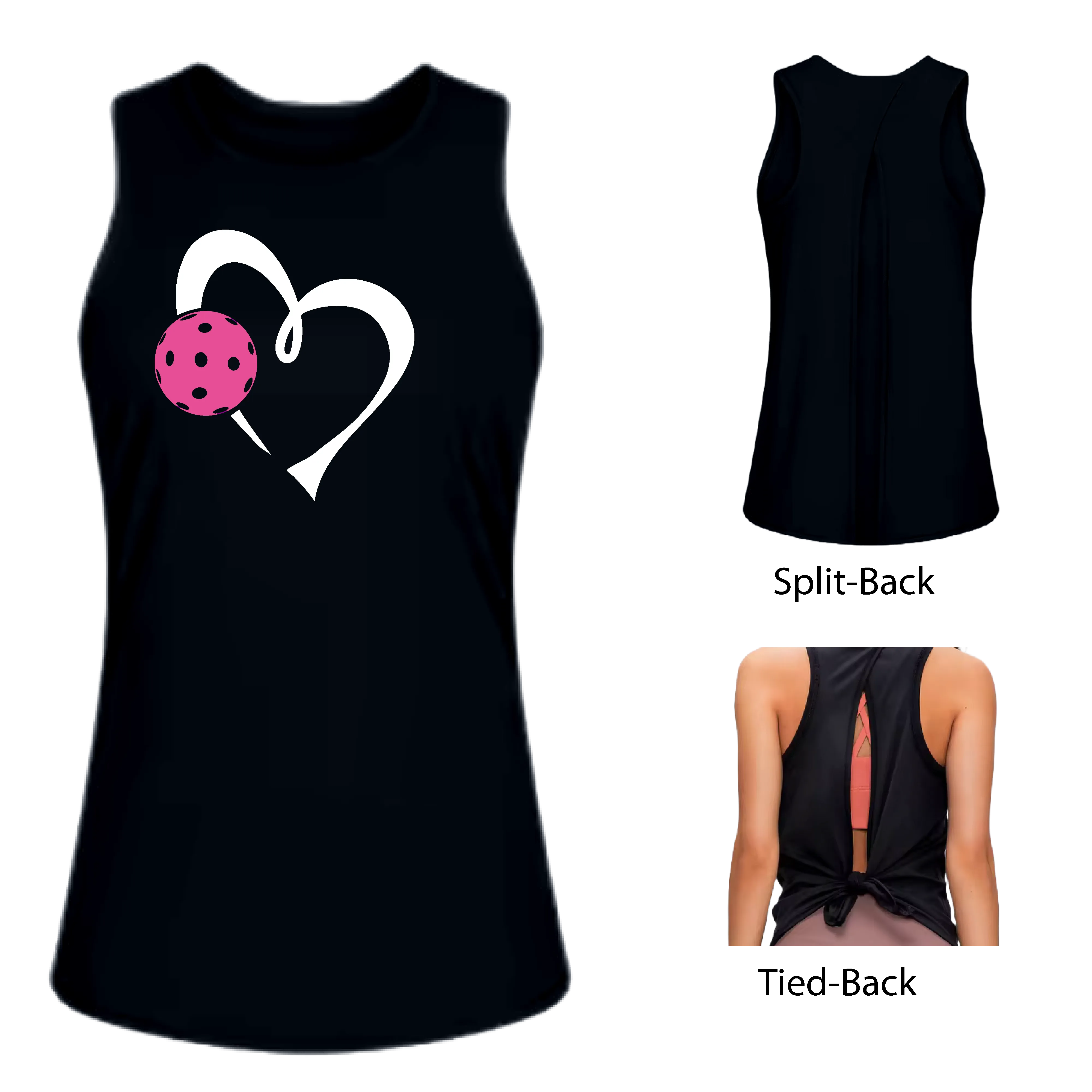 Love Pickleball Heart (Pink)| Women's Split Back or Tied Back Pickleball Tank | 80/20 Nylon Spandex Mix