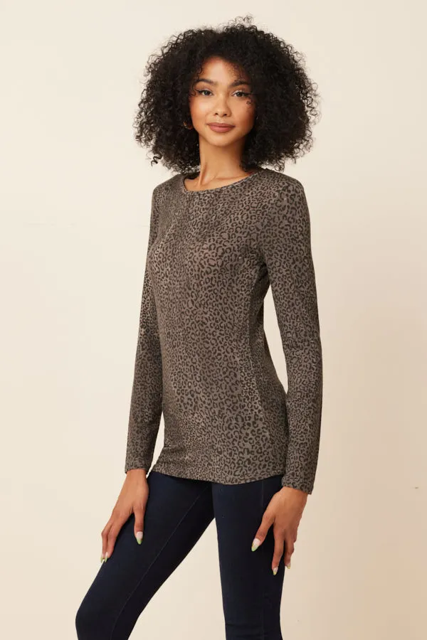 Lyocell Cashmere Stretch Cheetah Long Sleeve Crewneck in Kaki