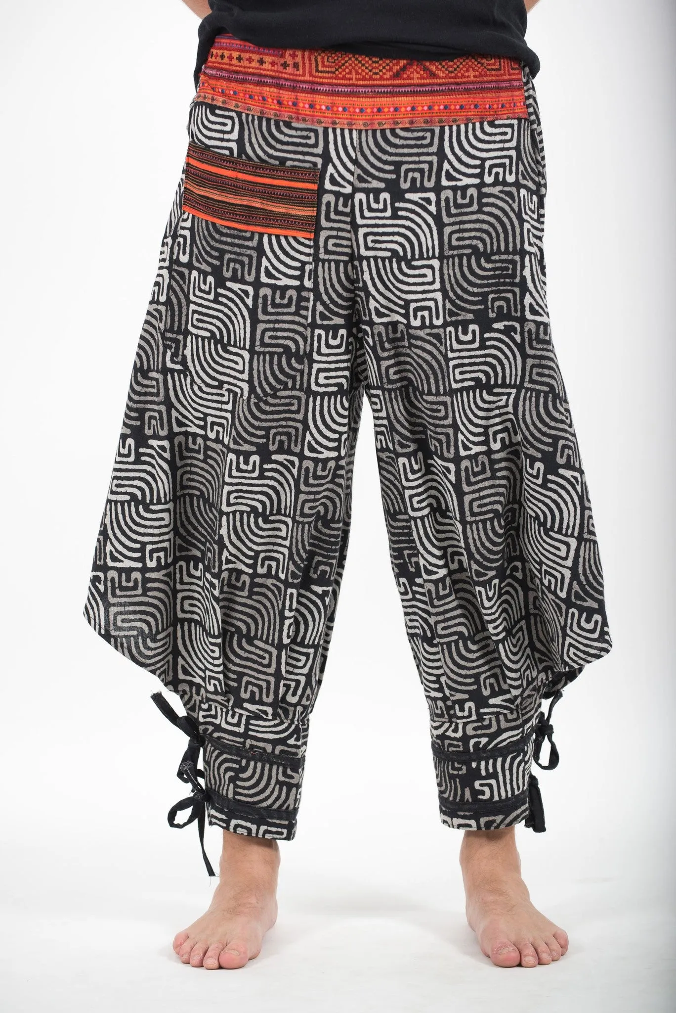 Maze Prints Thai Hill Tribe Fabric Men's Harem Pants with Ankle Straps in Black