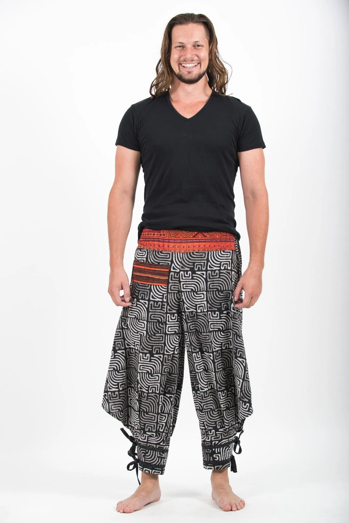 Maze Prints Thai Hill Tribe Fabric Men's Harem Pants with Ankle Straps in Black