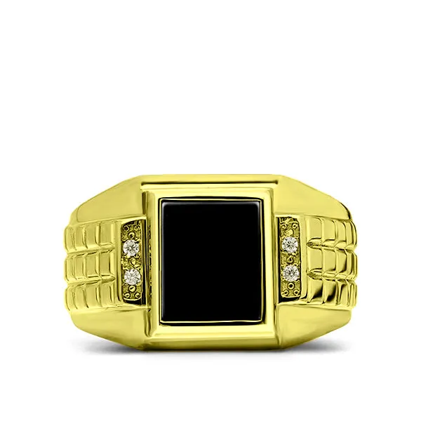 Mens 14K Yellow Gold Jewelry Gift Ring for Boyfriend Onyx and 4 Diamonds