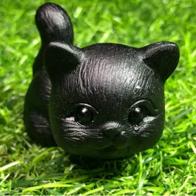 Natural Black Obsidian gemstone carved Kitty Cat Figurine