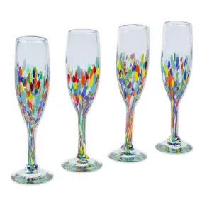 Novica Chromatic Soirée Handblown Champagne Flutes (Set Of 4)