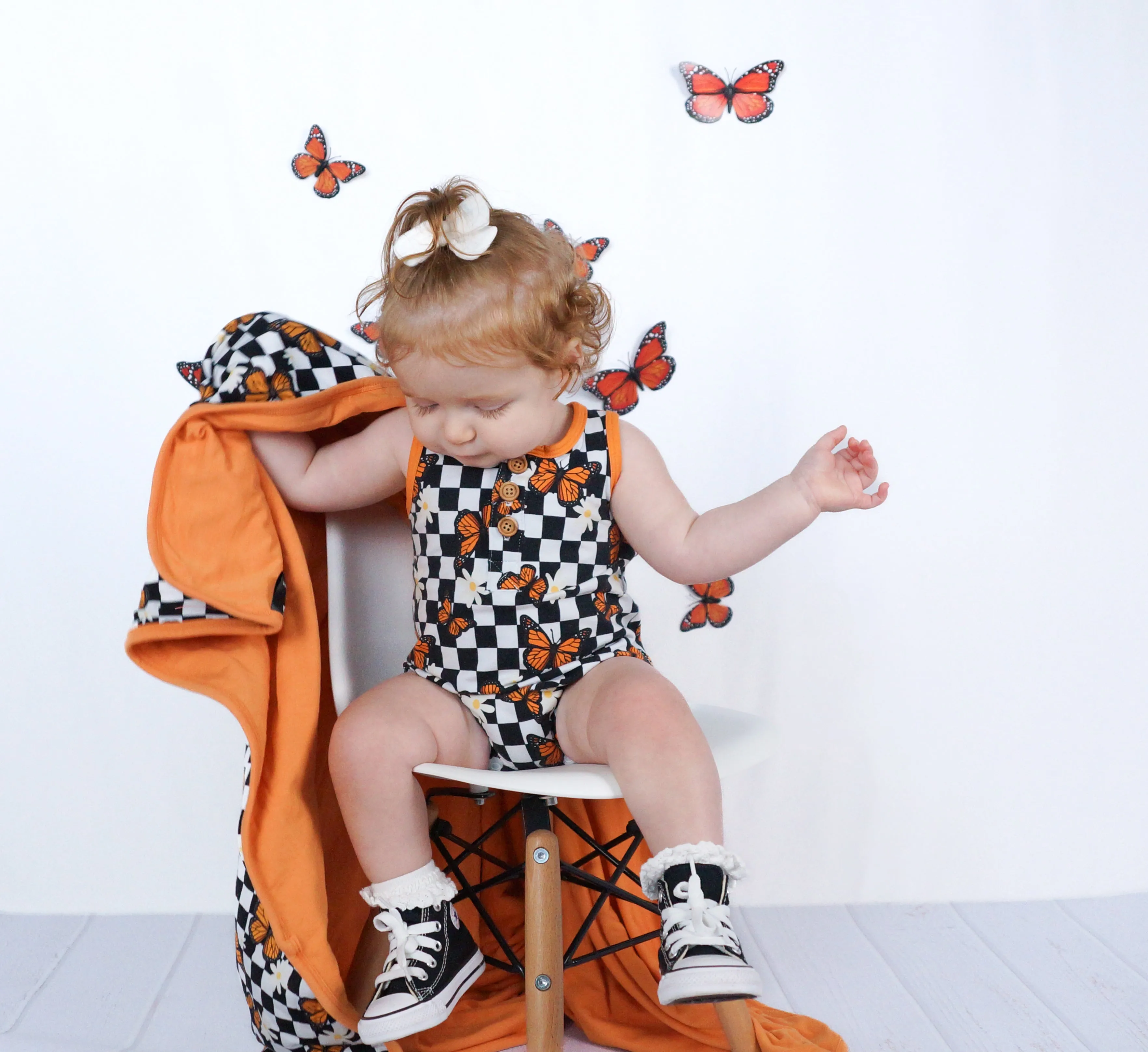 ORGANIC COTTON HENLEY ROMPER- Butterflies