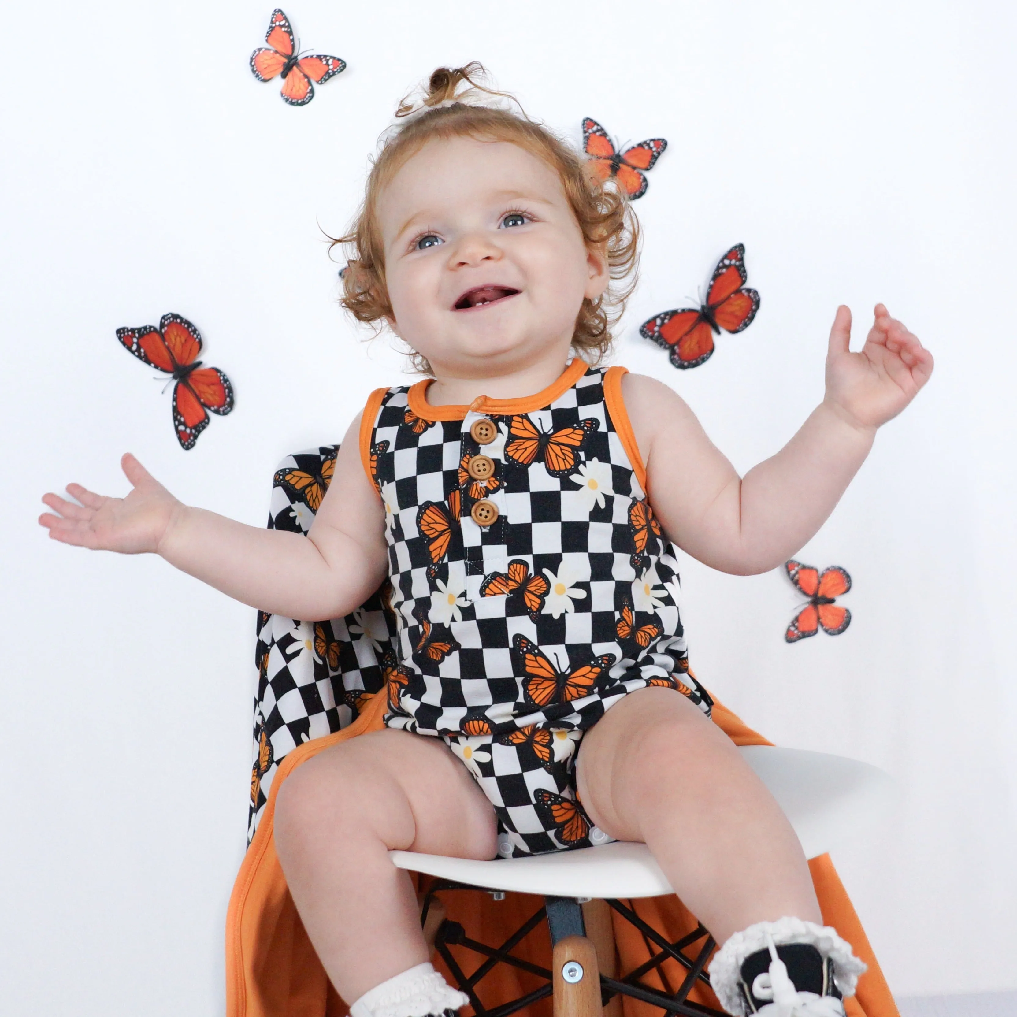 ORGANIC COTTON HENLEY ROMPER- Butterflies