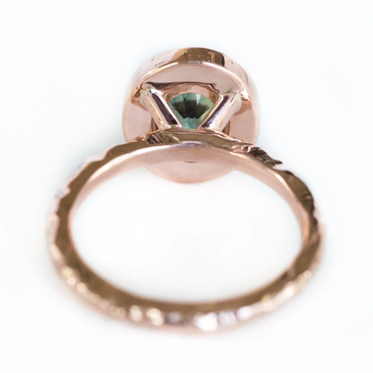 Oval Bezel Set 1.49ct Color Changing Teal Sapphire and Diamond Halo Engagement Ring - 14k Rose Gold Evergreen Band