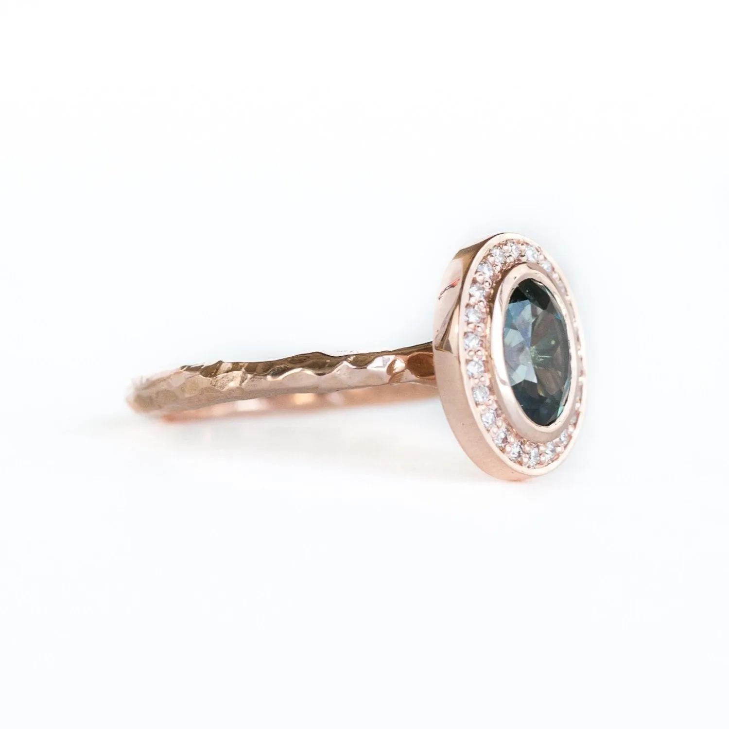 Oval Bezel Set 1.49ct Color Changing Teal Sapphire and Diamond Halo Engagement Ring - 14k Rose Gold Evergreen Band