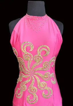 Pink Latin Dress with Halter Neckline, Gold Lace Appliqué, Stones, and Bugle Bead Tassels on Soft Hemline Sz M Lat185