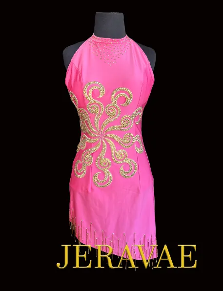 Pink Latin Dress with Halter Neckline, Gold Lace Appliqué, Stones, and Bugle Bead Tassels on Soft Hemline Sz M Lat185