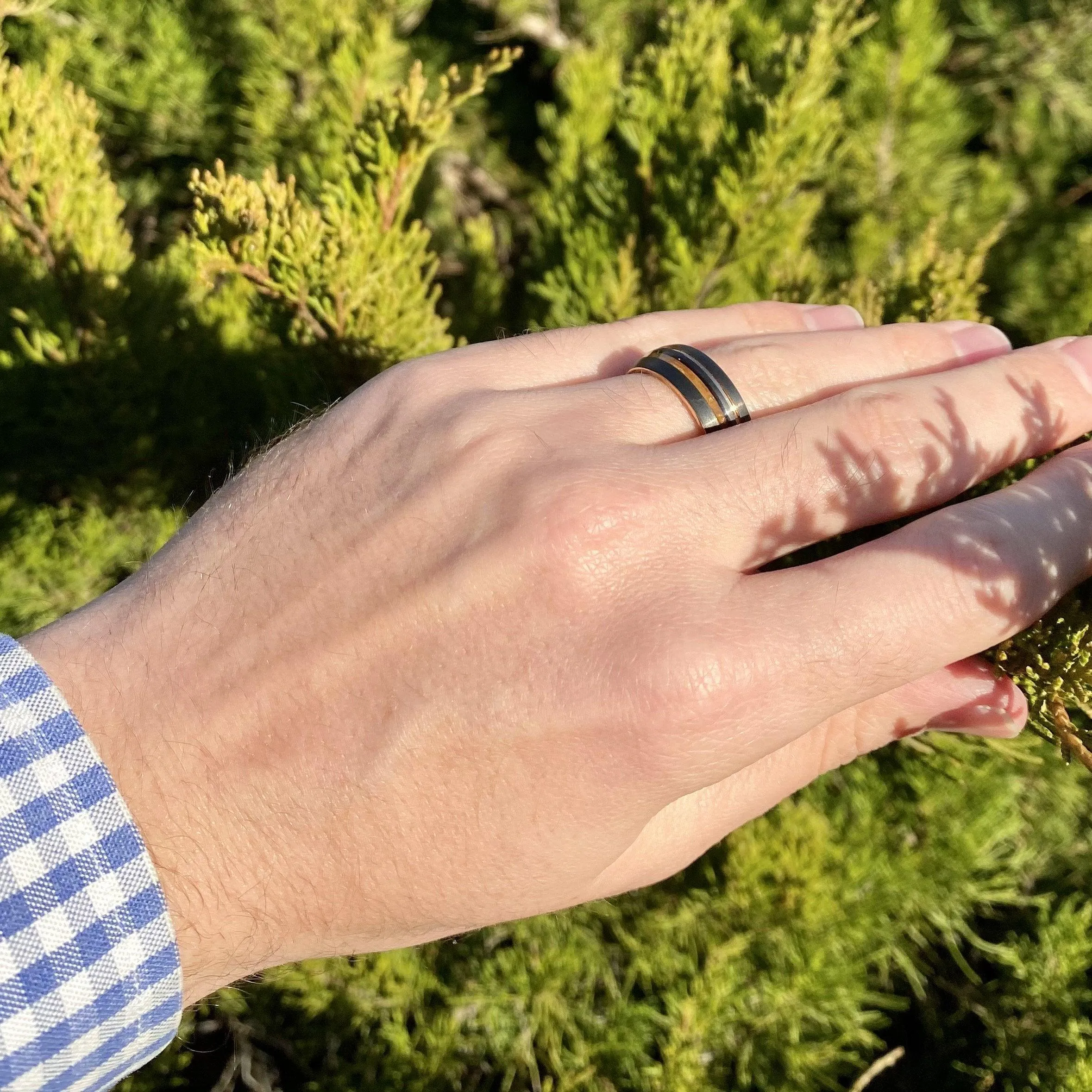 "Copper Gentleman" Tungsten Ring With Reclaimed Bourbon Barrel Wood And Rose Gold Color