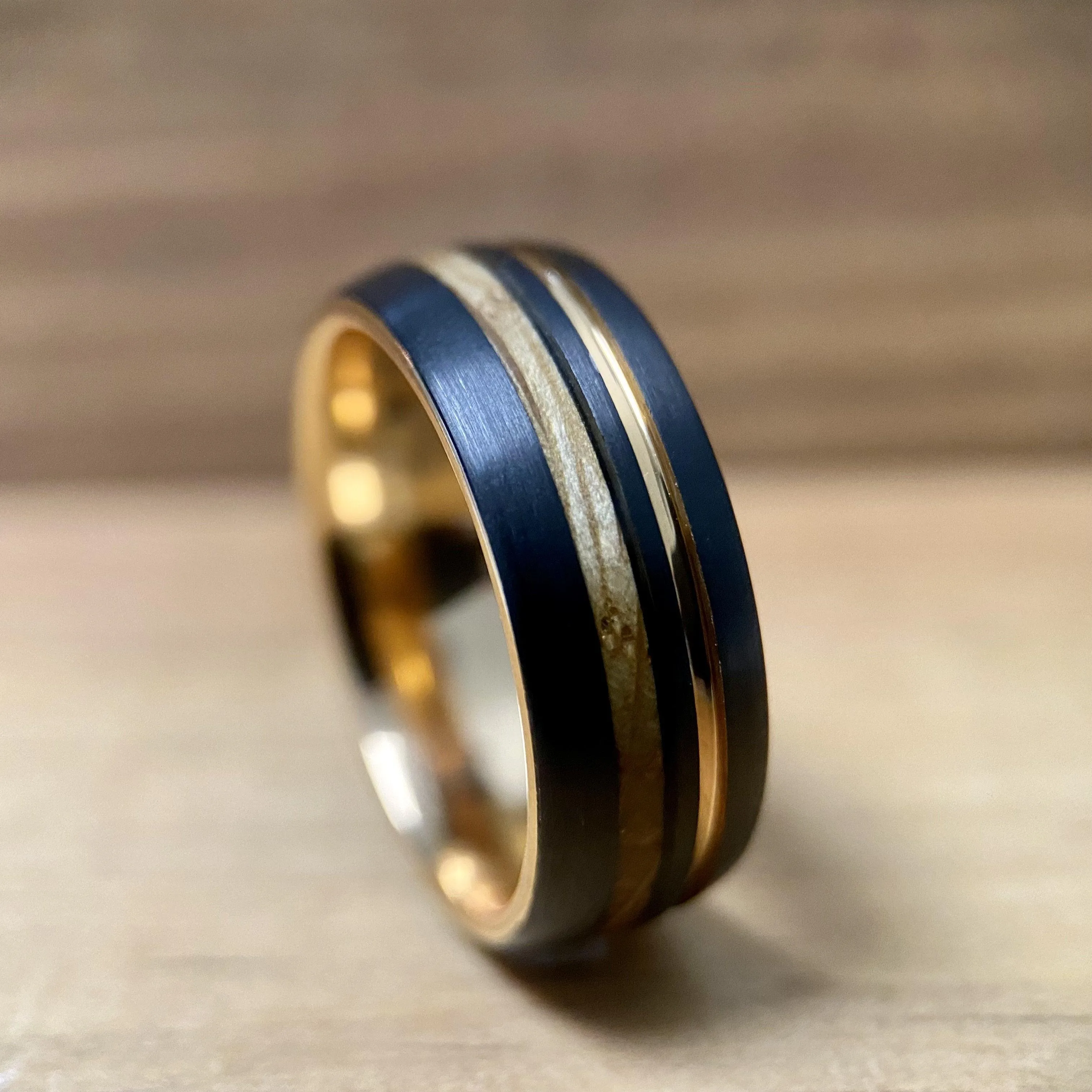 "Copper Gentleman" Tungsten Ring With Reclaimed Bourbon Barrel Wood And Rose Gold Color