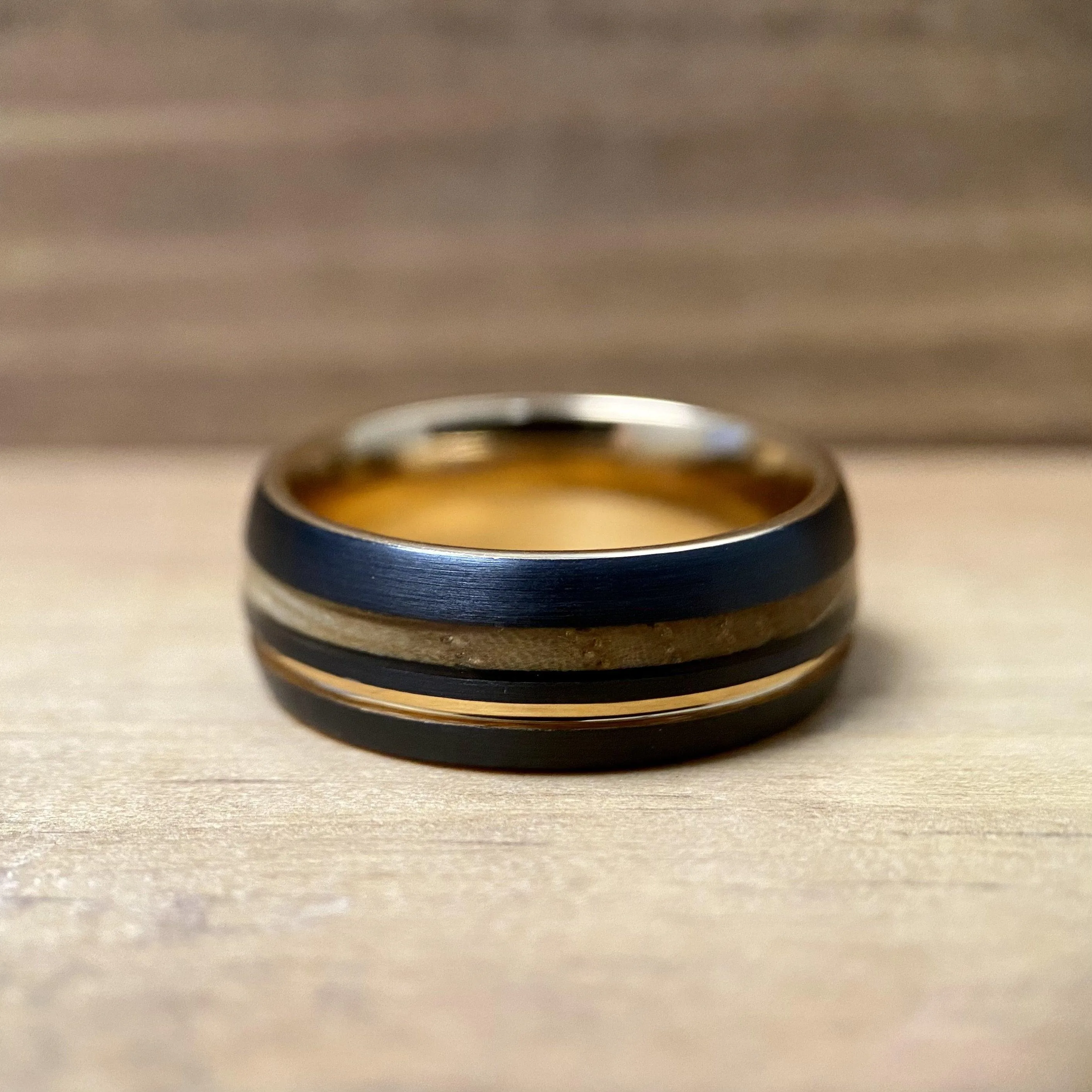 "Copper Gentleman" Tungsten Ring With Reclaimed Bourbon Barrel Wood And Rose Gold Color