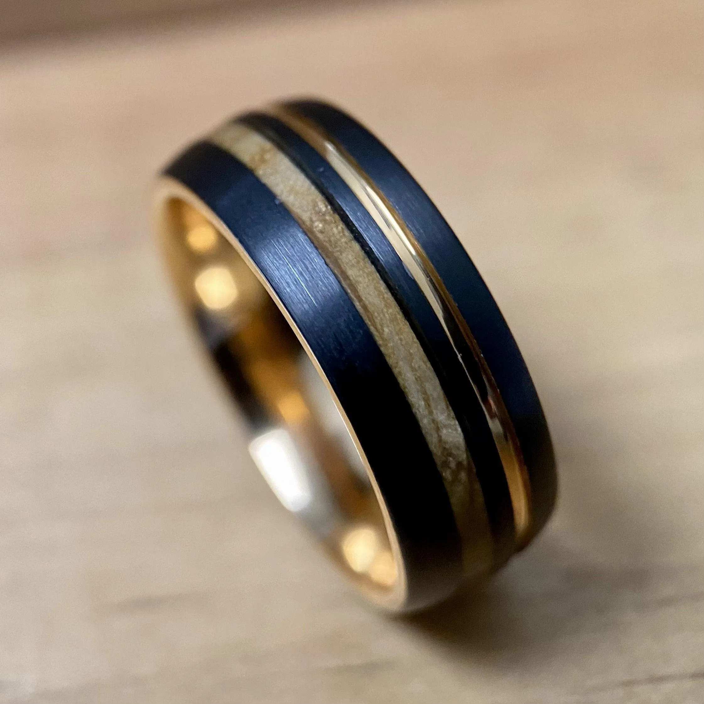 "Copper Gentleman" Tungsten Ring With Reclaimed Bourbon Barrel Wood And Rose Gold Color