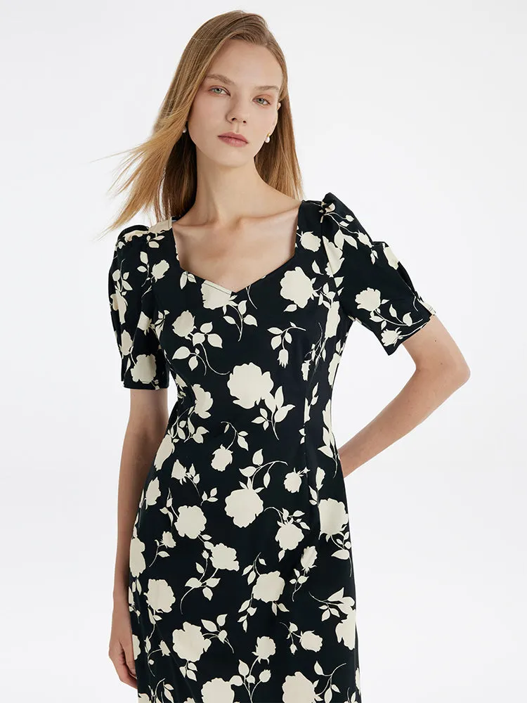 Rose Printed Square Neck Women Midi Dress