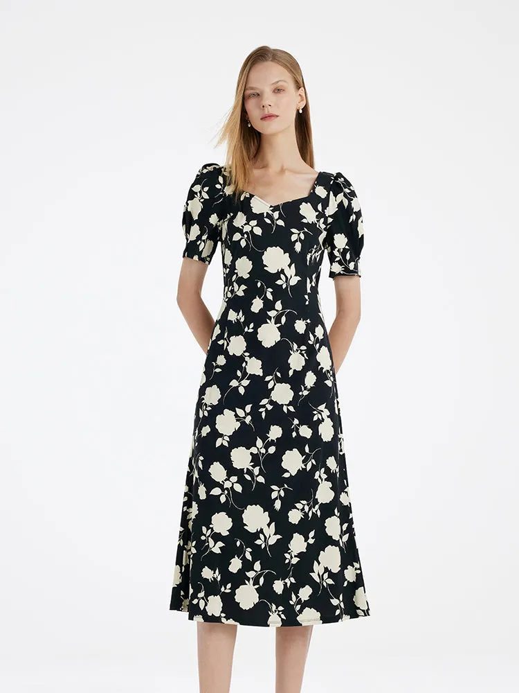 Rose Printed Square Neck Women Midi Dress