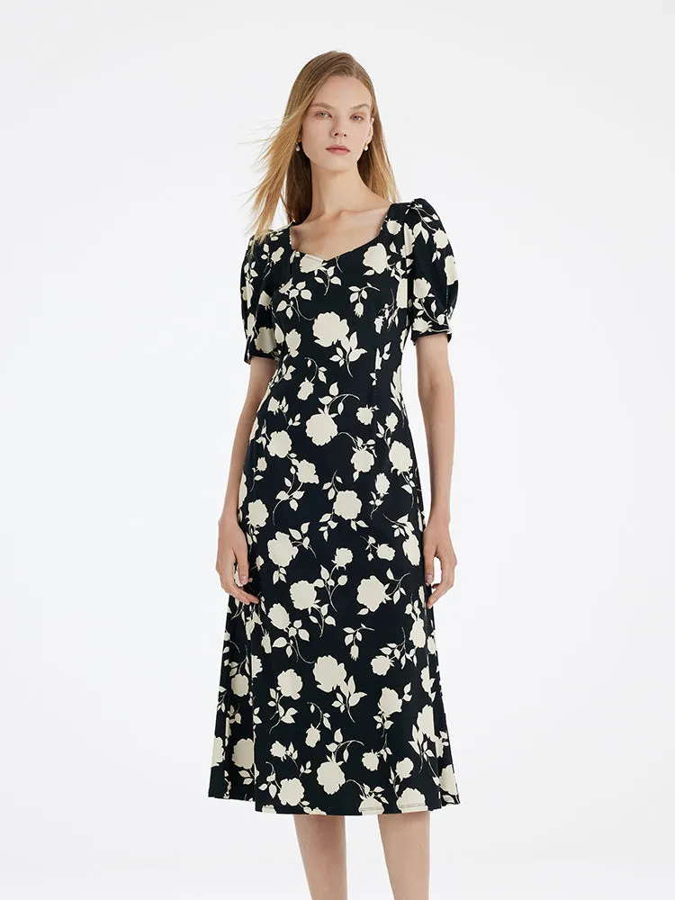 Rose Printed Square Neck Women Midi Dress