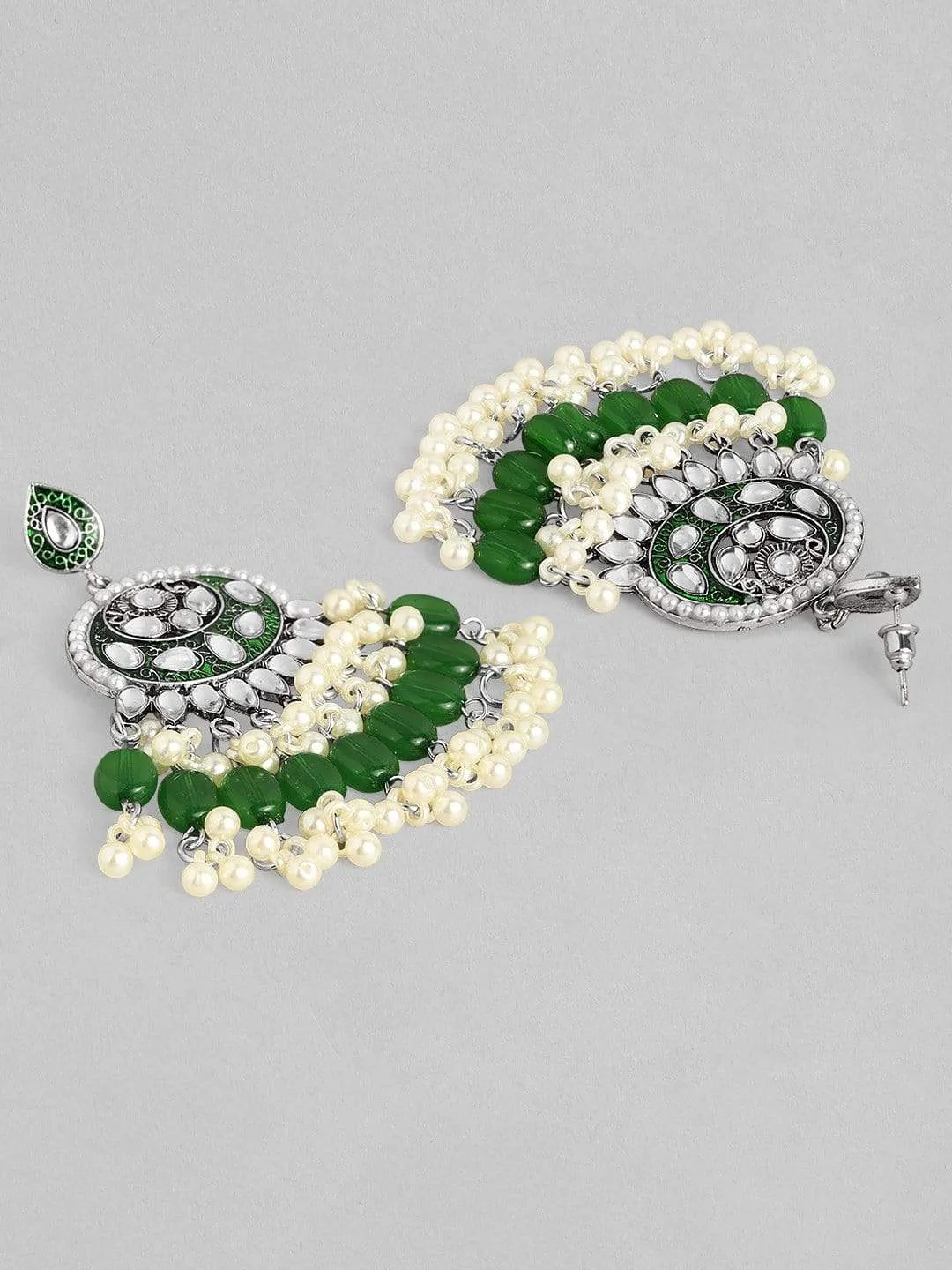 Rubans Kundan Green Enamel with Beads Silver Plated Hancrafted Chandbali Earrings