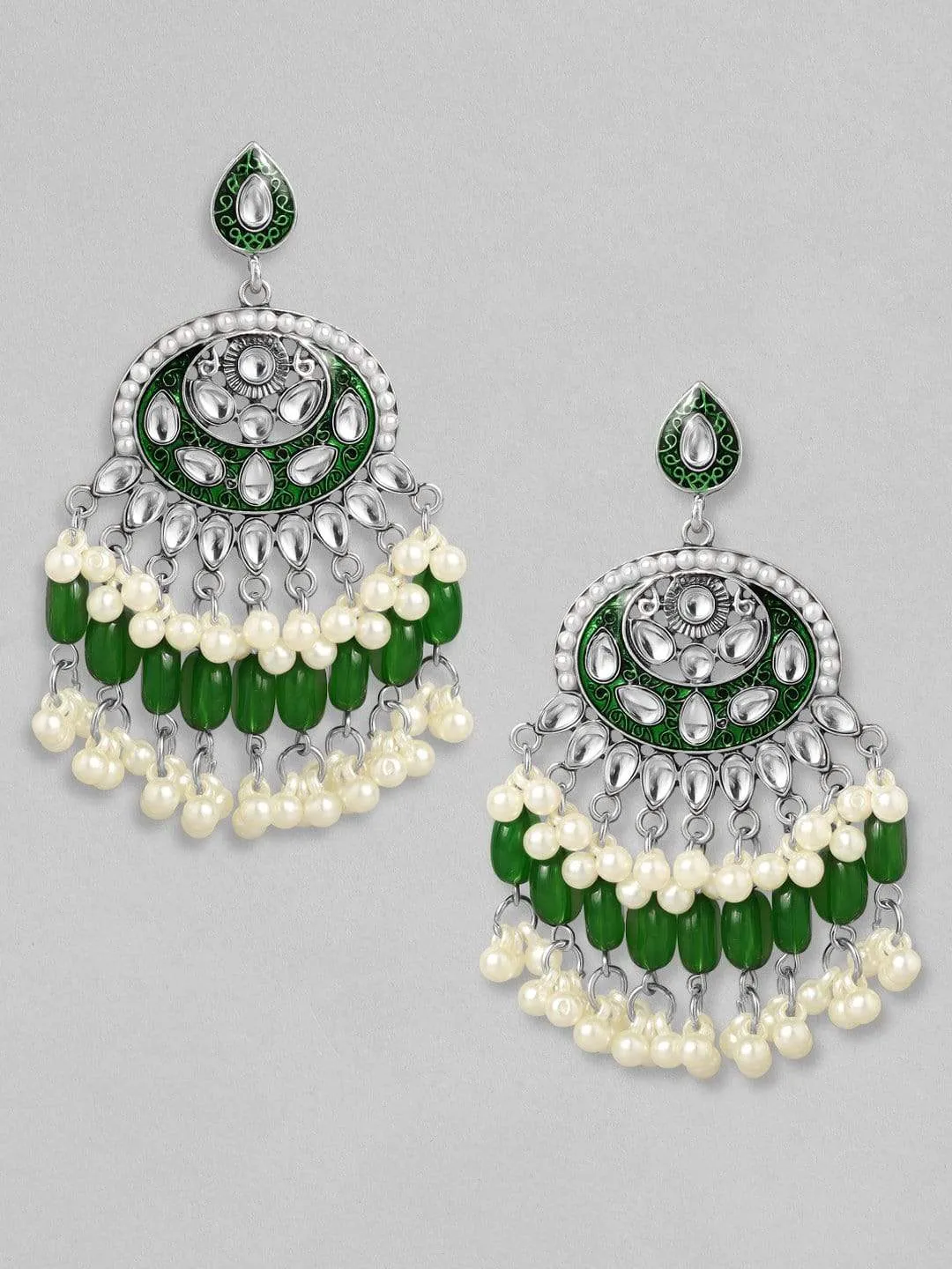 Rubans Kundan Green Enamel with Beads Silver Plated Hancrafted Chandbali Earrings