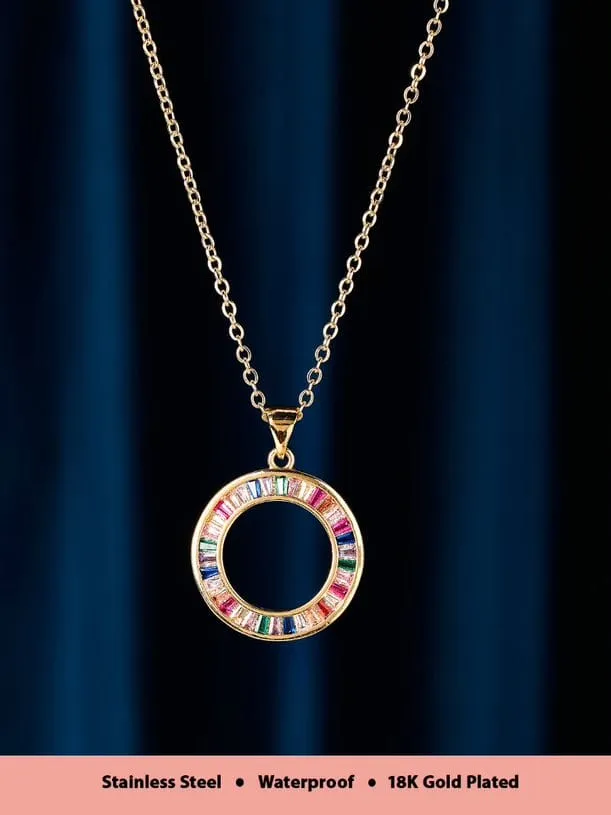 Rubans Voguish 18K Gold Plated Stainless Steel Waterproof Chain With Circular Pendant With Multicolour Zircons Studded.