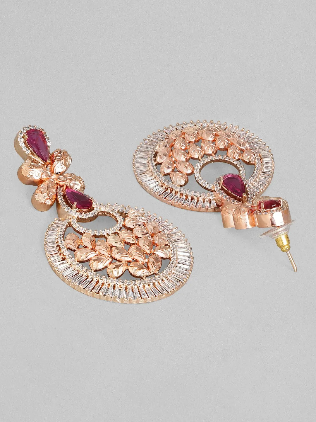 Rubans Zircon Studded Filigree Handcrafted Rose Gold Plated Chandbali Earrings