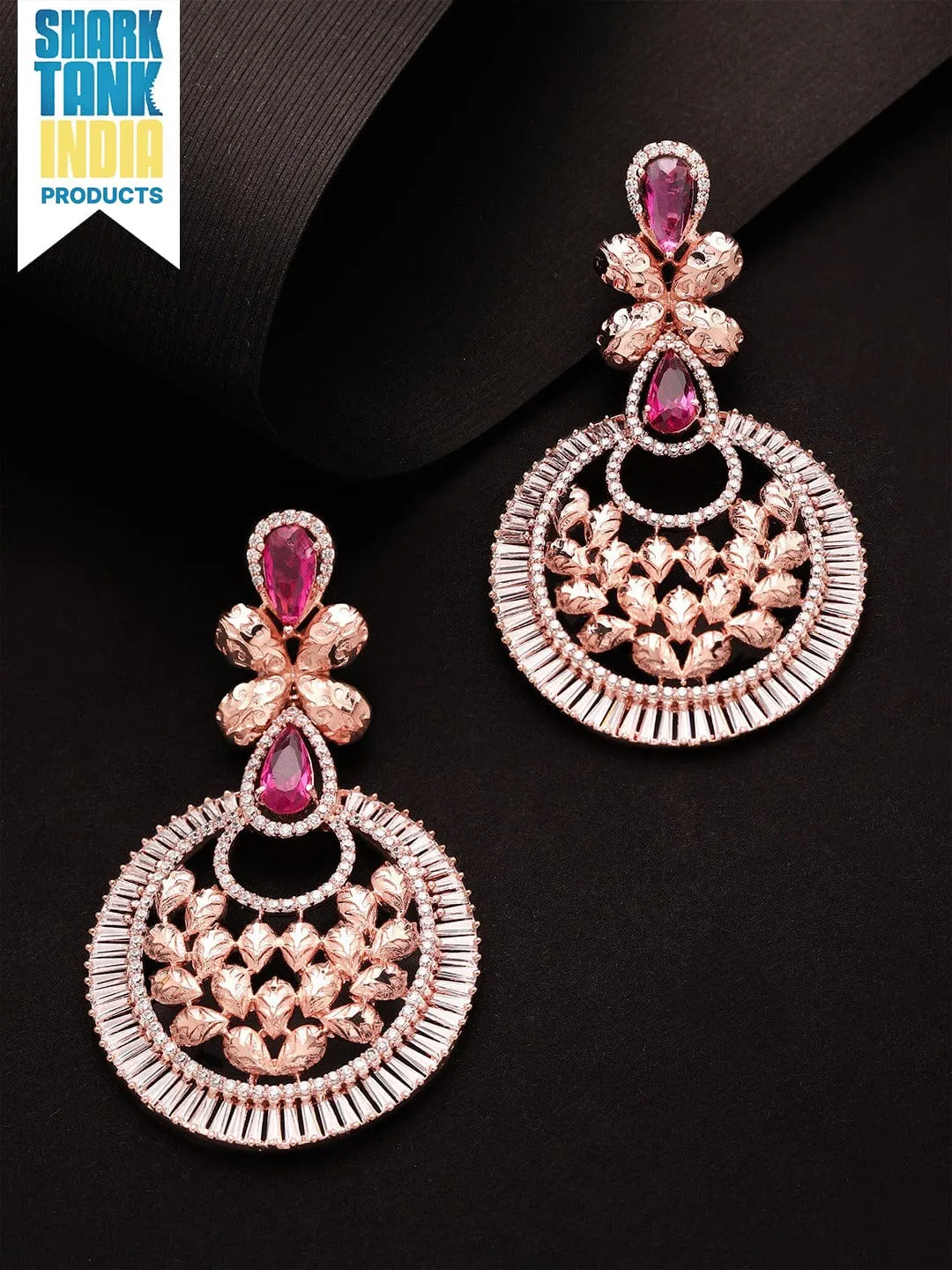 Rubans Zircon Studded Filigree Handcrafted Rose Gold Plated Chandbali Earrings