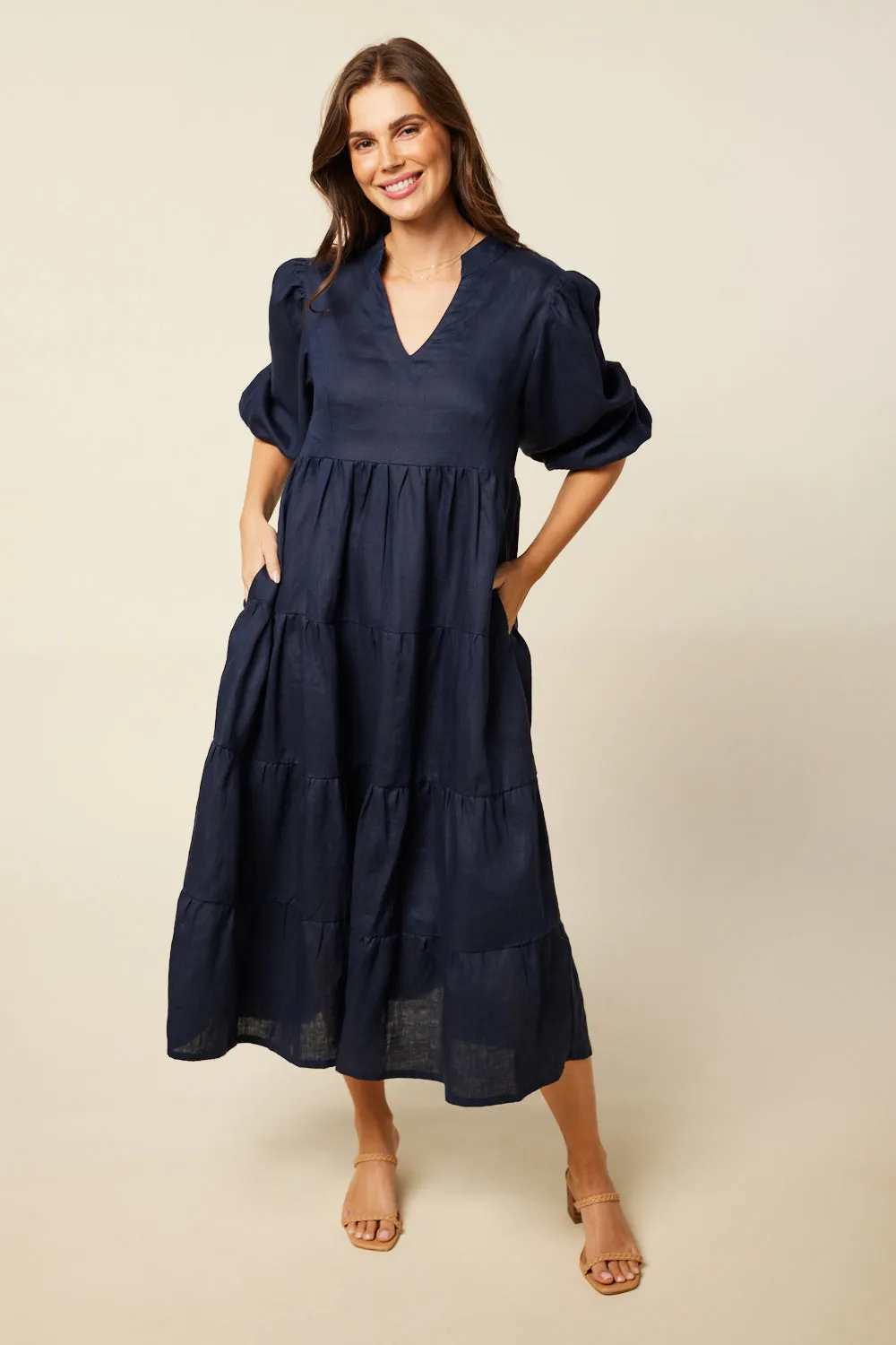 Sabre Linen V-Neck Dress in Navy